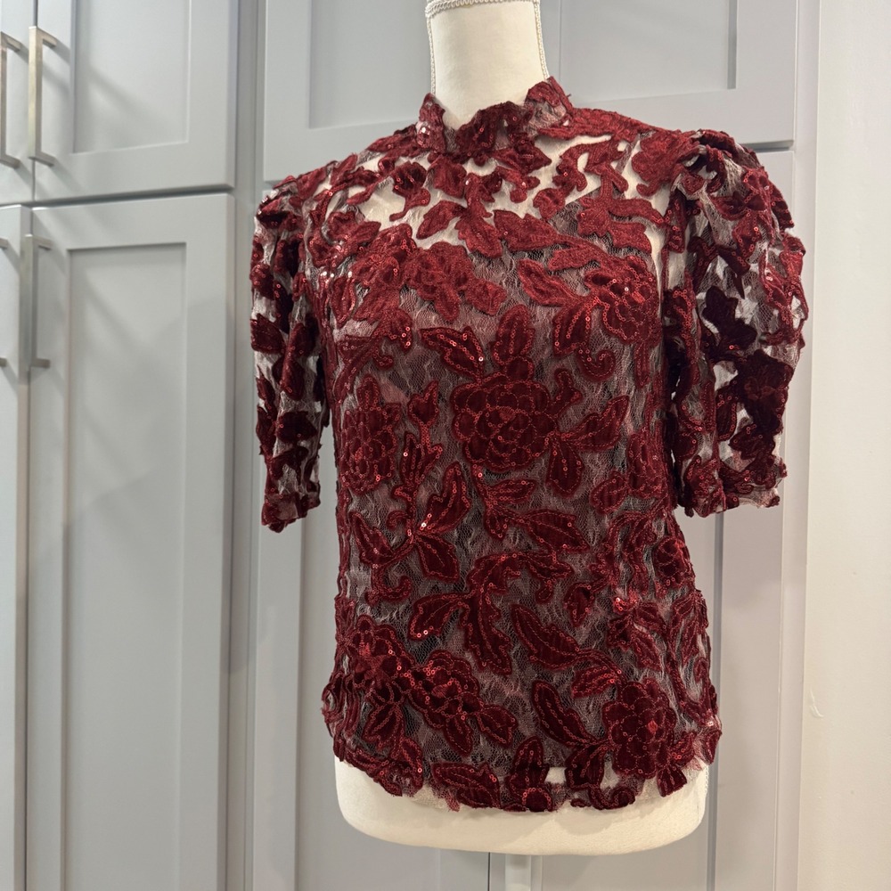 NWT by Anthropologie Velvet Cutwork Blouse Cami Set Wine Red Semi-Sheer XS